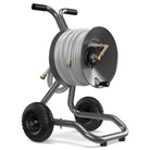 Eley 2-wheel cart portable garden hose reel model 1043 loaded with 125-feet of Eley 5/8-inch Polyurethane garden hose, diametric view