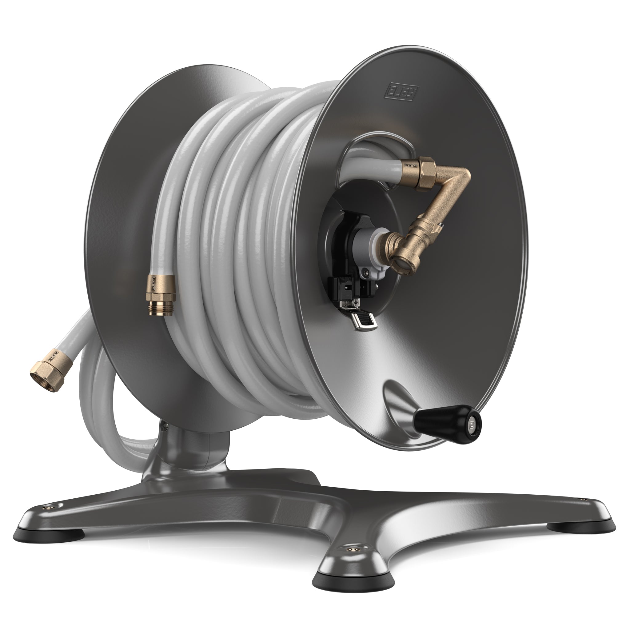 Eley free-standing garden hose reel model 1042 loaded with 100-feet of Eley 5/8-inch Polyurethane garden hose, diametric view