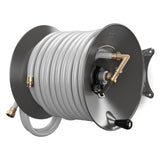 Eley wall mount garden hose reel model 1041X modified with the Item 1044 Extra-Capcity Kit in the perpendicular configuration loaded with 150-feet of Eley Polyurethane garden hose, diametric view
