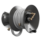 STANDARD capacity ELEY wall-mount garden hose reel shown in the PARALLEL configuration loaded with 75-FEET of ELEY 5/8-inch polyurethane garden hose
