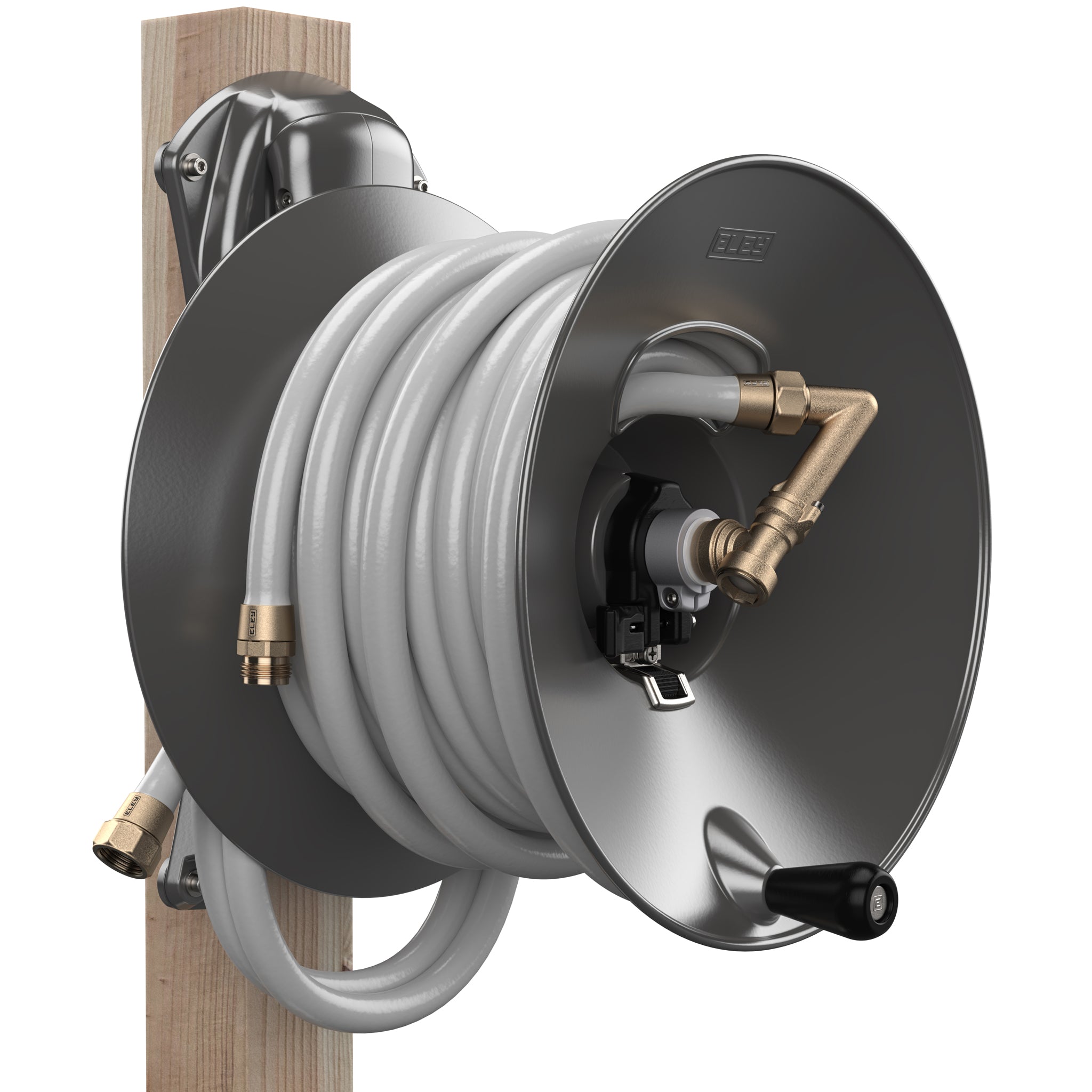 Eley wood post garden hose reel model 1041W loaded with 100-feet of Eley 5/8-inch Polyurethane garden hose, diametric view