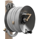 Eley wood post garden hose reel model 1041W loaded with 125-feet of Eley 5/8-inch Polyurethane garden hose, diametric view