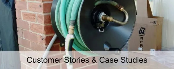 Green garden hose on a reel with a brick wall and boxes in the background, labeled 'Customer Stories & Case Studies'.