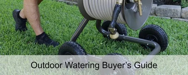 person wheeling Eley's hose reel through grass with text 'Outdoor Watering Buyer's Guide' at the bottom