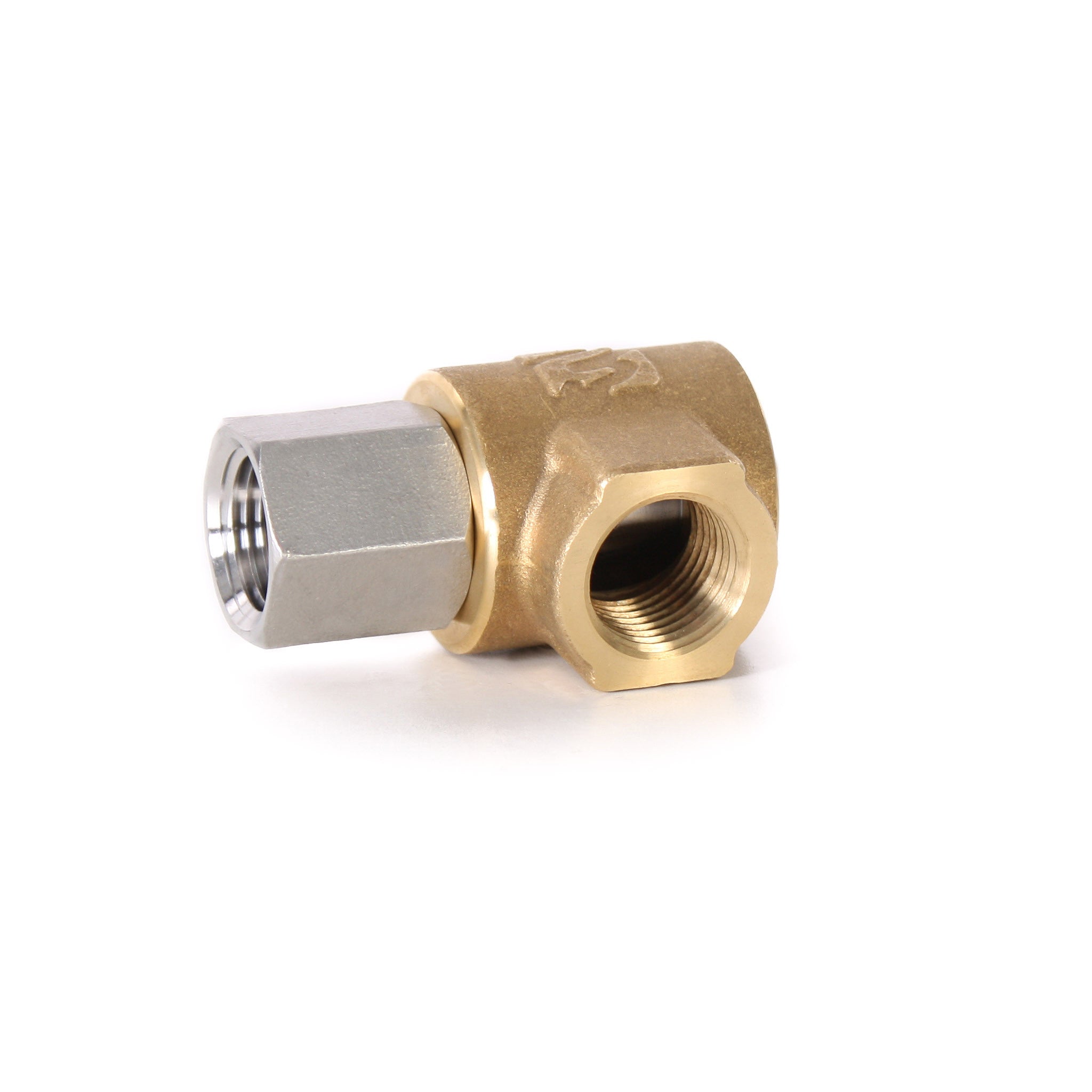 Eley 90° High Pressure Hose Reel Swivel with brass and stainless steel, 1/2-inch F x 1/2-inch M