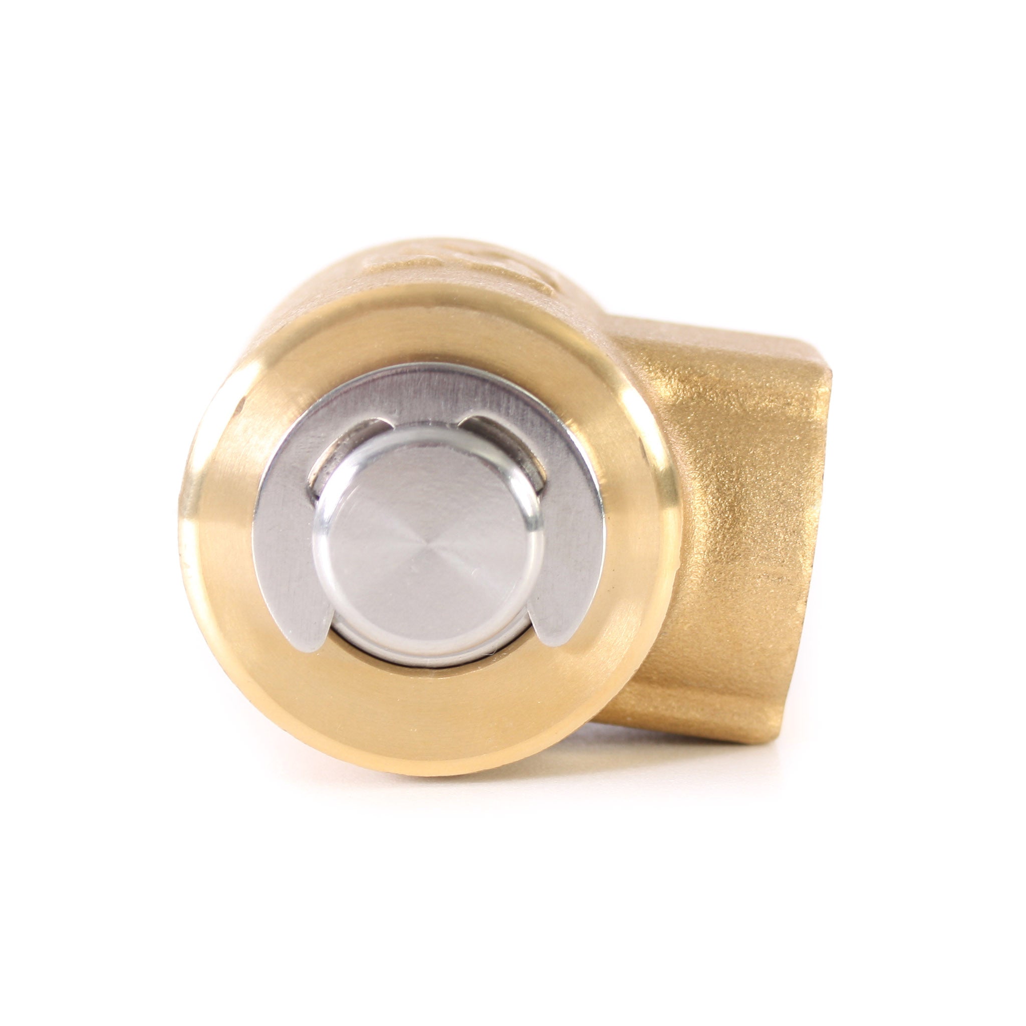 Eley 90° High Pressure Hose Reel Swivel with brass and stainless steel, 1/2-inch F x 1/2-inch M, front angle