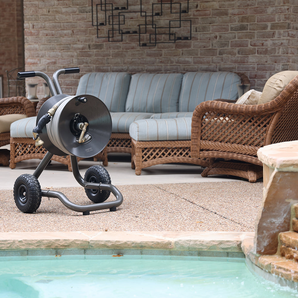 KAMMQI Hose Reel Cart - Portable Garden Hose Reel Cart Outdoor Water Hose  Reel with Wheels, Holds 98 Feet of 3/4 inch, and 131Feet of 5/8 inch Hose  with Hose Ad…