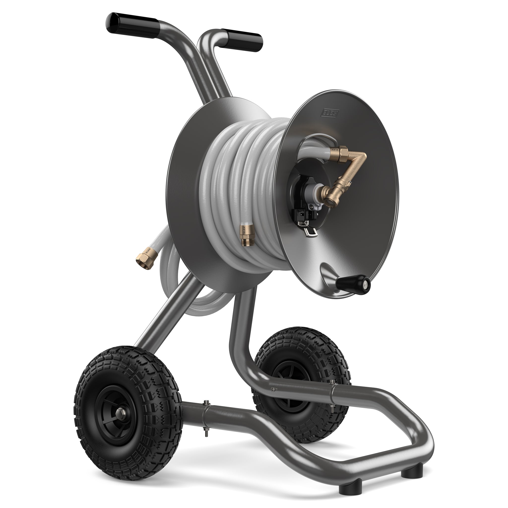 Eley 2-wheel cart portable garden hose reel model 1043 loaded with 75-feet of Eley 5/8-inch Polyurethane garden hose, diametric view