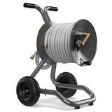 Eley 2-wheel cart portable garden hose reel model 1043X equipped with Item 1044 Extra-Capacity Kit loaded with 150-feet of Eley 5/8-inch Polyurethane garden hose, diametric view