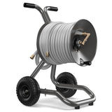 Eley 2-wheel cart portable garden hose reel model 1043X equipped with Item 1044 Extra-Capacity Kit loaded with 175-feet of Eley 5/8-inch Polyurethane garden hose, diametric view