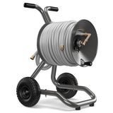 Eley 2-wheel cart portable garden hose reel model 1043X equipped with Item 1044 Extra-Capacity Kit loaded with 200-feet of Eley 5/8-inch Polyurethane garden hose, diametric view