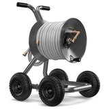 Eley 4-wheel wagon portable garden hose reel model 1043QX equipped with Item 1044 Extra-Capacity Kit loaded with 150-feet of Eley 5/8-inch Polyurethane garden hose, diametric view