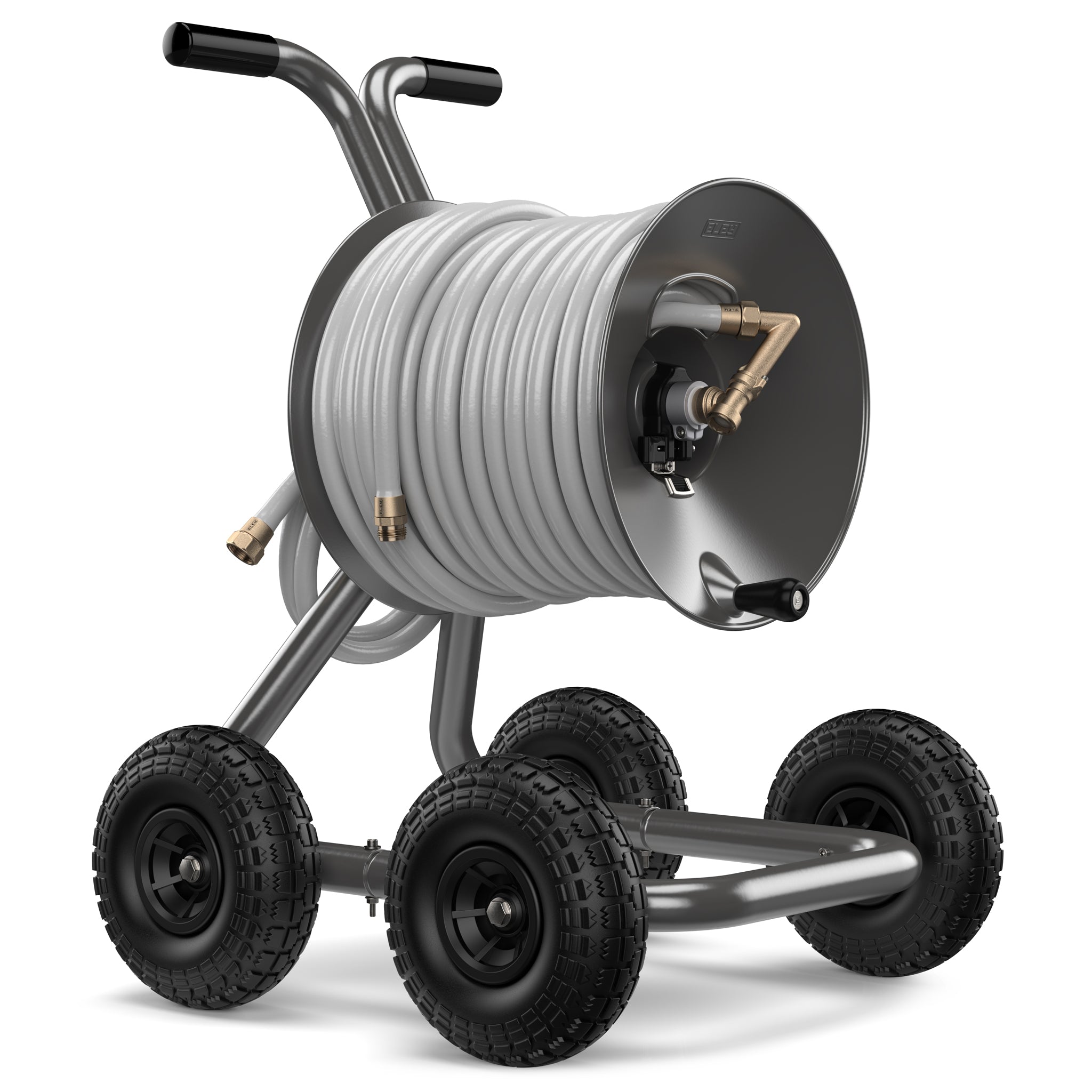 Eley 4-wheel wagon portable garden hose reel model 1043QX equipped with Item 1044 Extra-Capacity Kit loaded with 175-feet of Eley 5/8-inch Polyurethane garden hose, diametric view