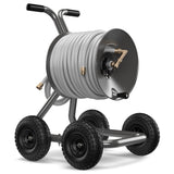Eley 4-wheel wagon portable garden hose reel model 1043QX equipped with Item 1044 Extra-Capacity Kit loaded with 200-feet of Eley 5/8-inch Polyurethane garden hose, diametric view