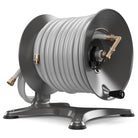 Eley free-standing garden hose reel model 1042X equipped with Item 1044 Extra-Capacity Kit loaded with 150-feet of Eley 5/8-inch Polyurethane garden hose, diametric view