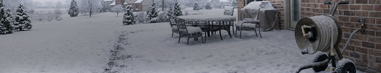 Snow-covered outdoor scene showing an ELEY hose reel cart on a patio set and brick wall.