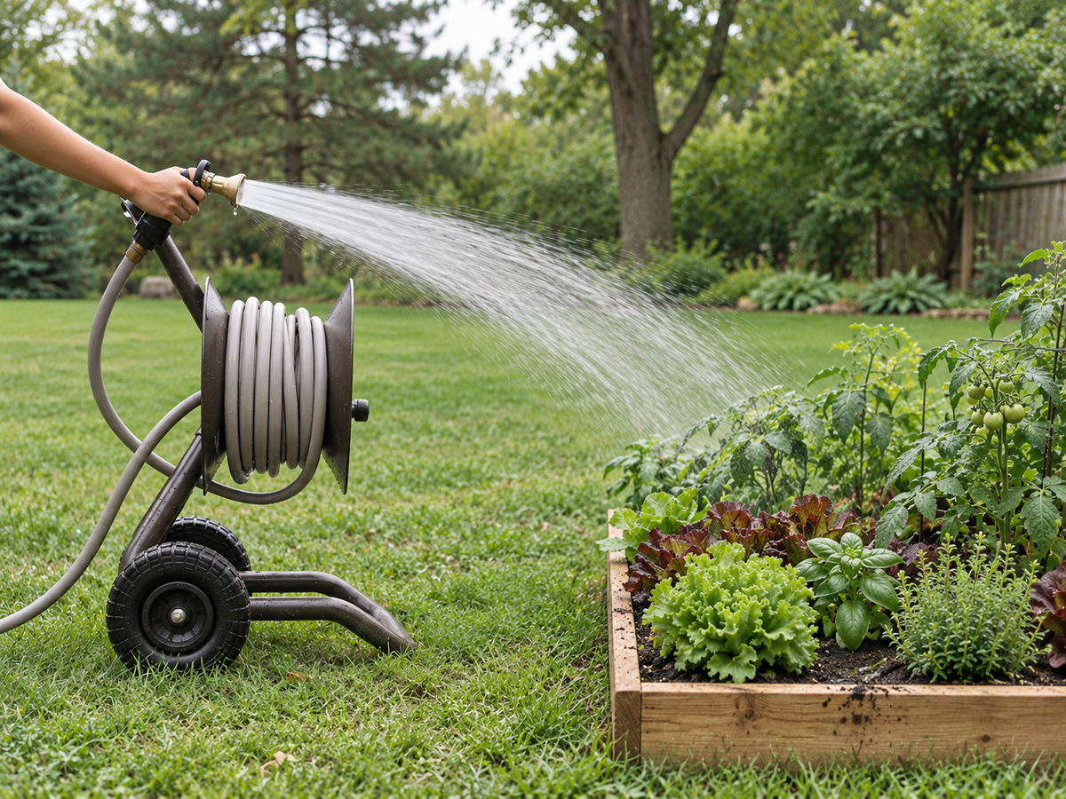An ELEY 2-wheel hose reel cart being used to water a raised garden bed in a green backyard. A person's arm and hand are visible holding the hose nozzle, with water spraying toward leafy plants and tomato plants.