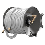 Eley wall mount garden hose reel model 1041X modified with the Item 1044 Extra-Capcity Kit in the perpendicular configuration loaded with 175-feet of Eley Polyurethane garden hose, diametric view