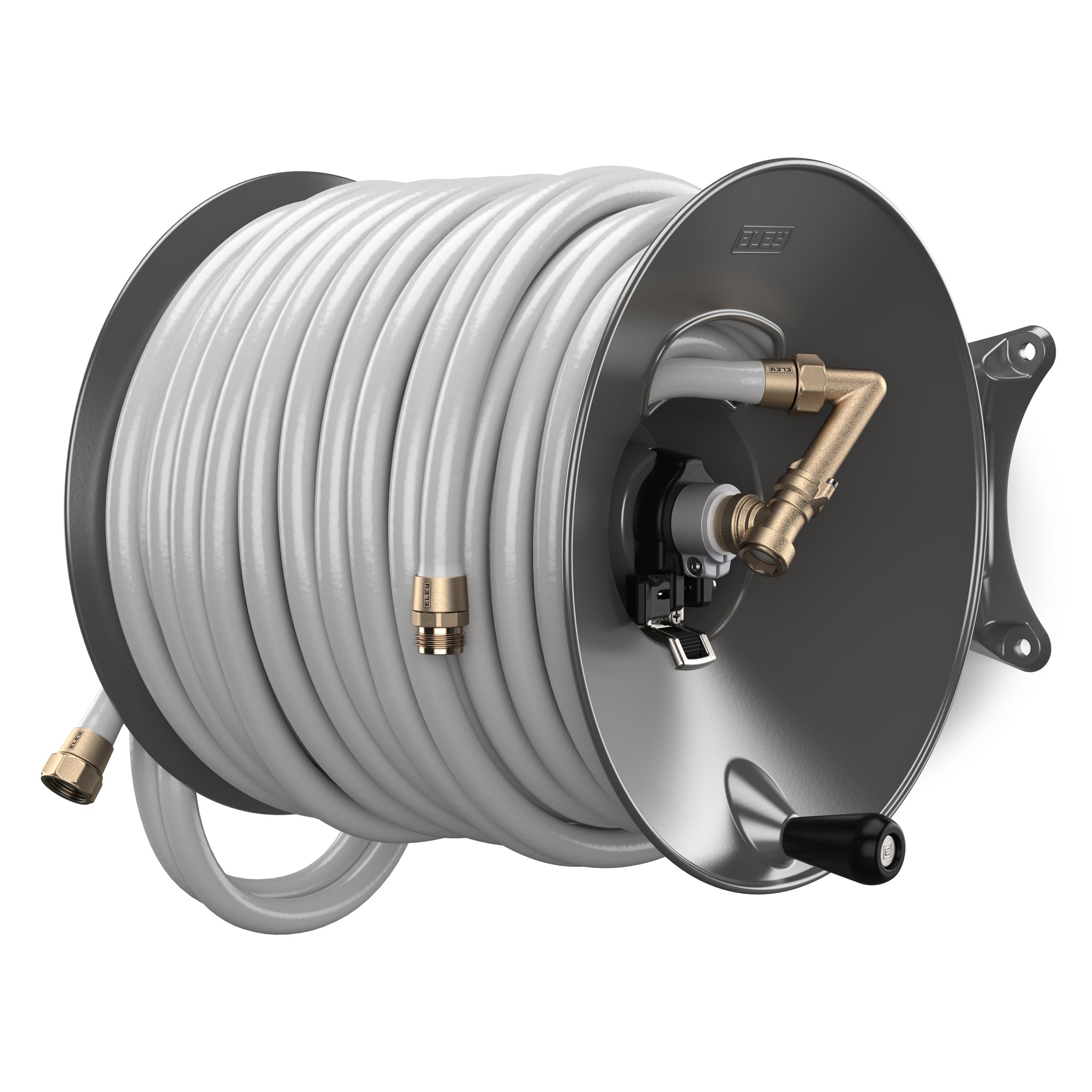 Eley wall mount garden hose reel model 1041X modified with the Item 1044 Extra-Capcity Kit in the perpendicular configuration loaded with 200-feet of Eley Polyurethane garden hose, diametric view