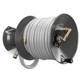 Eley wall mount garden hose reel model 1041X modified with the Item 1044 Extra-Capcity Kit in the parallel configuration loaded with 150-feet of Eley Polyurethane garden hose, diametric view
