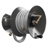 Eley wall mount garden hose reel model 1041 in parallel configuration loaded witih 75-feet of 5/8-inch Eley polyurethane garden hose, diametric view