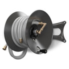 Eley wall mount garden hose reel model 1041 in perpendicular configuration loaded witih 75-feet of 5/8-inch Eley polyurethane garden hose, diametric view