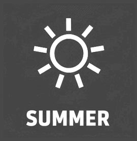 White sun icon with 'SUMMER' text on a gray background