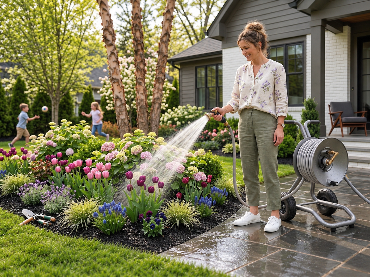A woman watering a colorful flower bed with tulips and hydrangeas using a ELEY 2-wheel hose reel cart on a paved patio in front of a modern house.