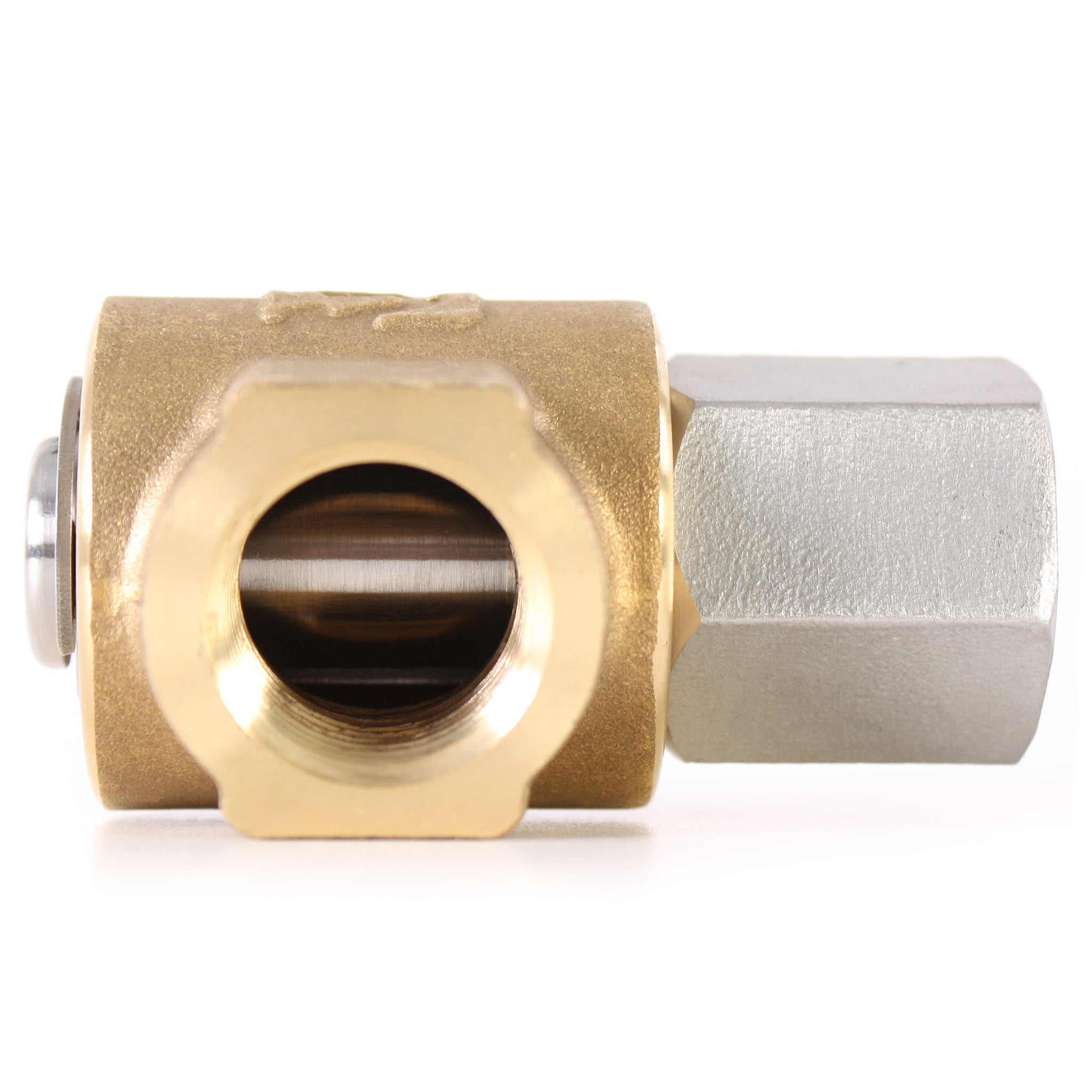 Eley 90° High Pressure Hose Reel Swivel with brass and stainless steel, 1/2-inch F x 1/2-inch M, threaded female angle