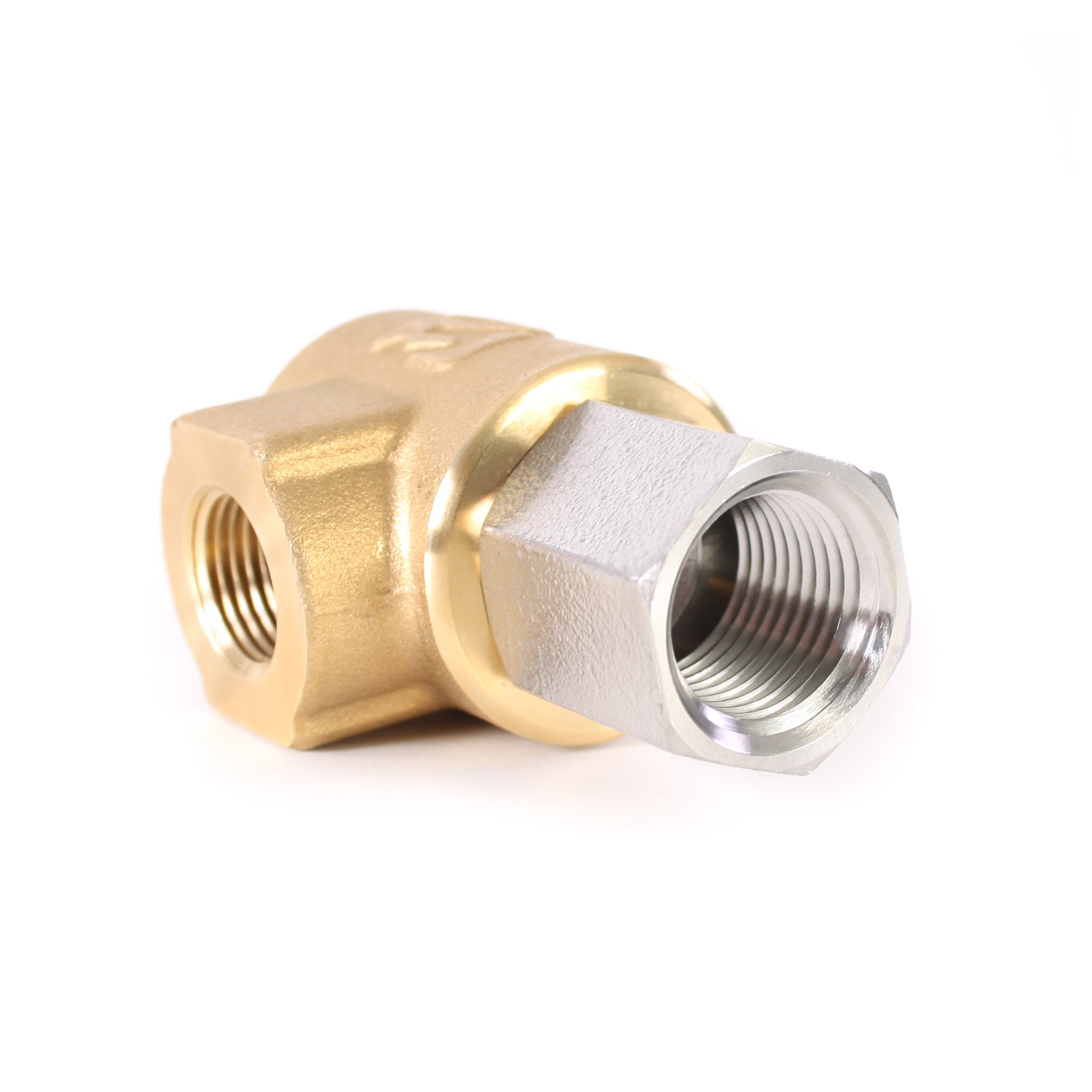 Eley 90° High Pressure Hose Reel Swivel with brass and stainless steel, 1/2-inch F x 1/2-inch M, side angle