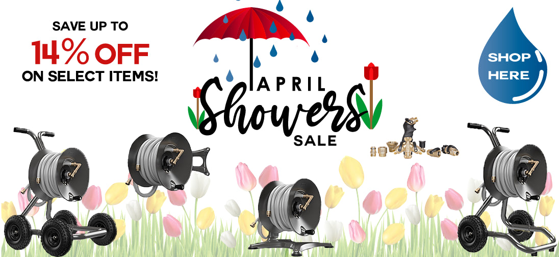 Eley aluminum garden hose reels, polyurethane garden hose and brass watering tools